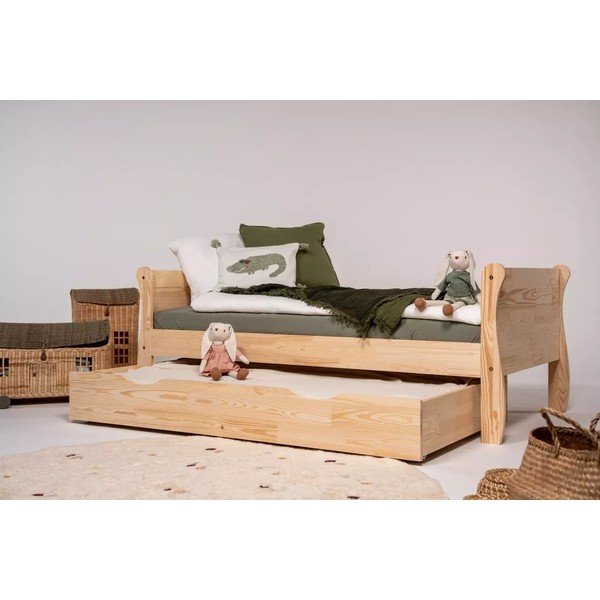 Детско разтегателно легло от масивен бор с място за съхранение с включена подматрачна рамка в естествен цвят 90x160 cm Roma – Adeko-image-1