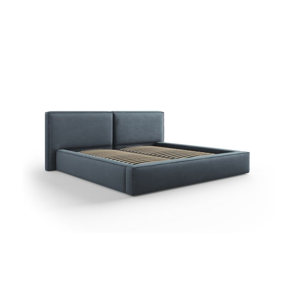 Тъмносиньо тапицирано двойно легло с място за съхранение и решетка 200x200 cm Arendal - Cosmopolitan Design