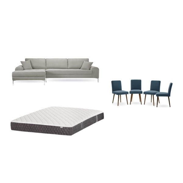 Комплект от светлосив диван с шезлонг отляво, 4 сини стола и матрак 160 x 200 cm - Home Essentials