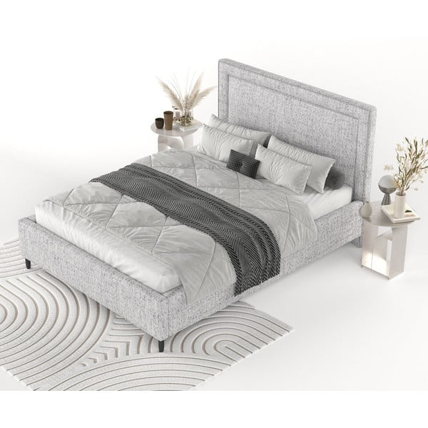 Светлосиво тапицирано двойно легло с място за съхранение с включена подматрачна рамка 180x200 cm Baleine – Maison de Rêve-image-3