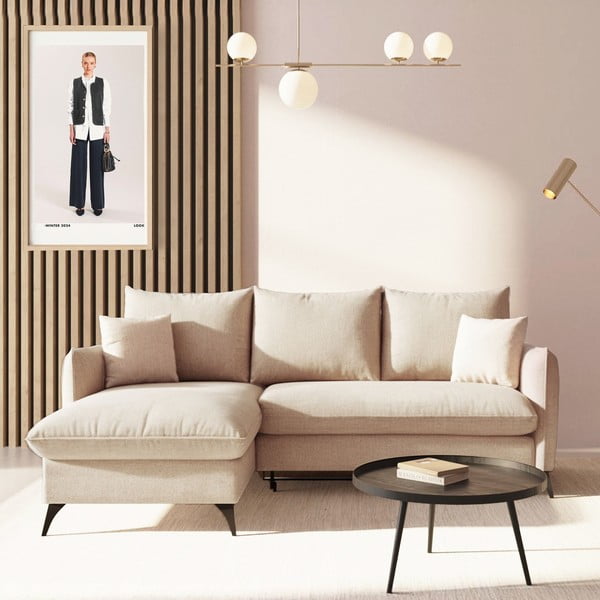 Бежов разтегателен ъглов диван с място за съхранение от букле (ляв ъгъл) Brim – Rodier-image-1