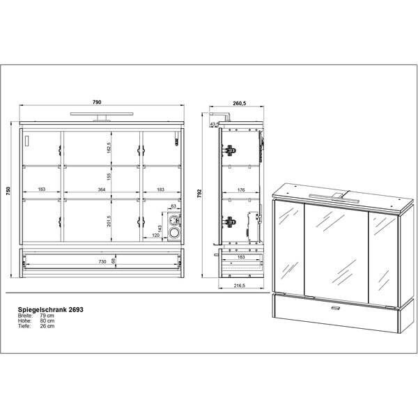 Антрацитен шкаф за баня с огледало и осветление 79x80 cm Modesto - Germania-image-4