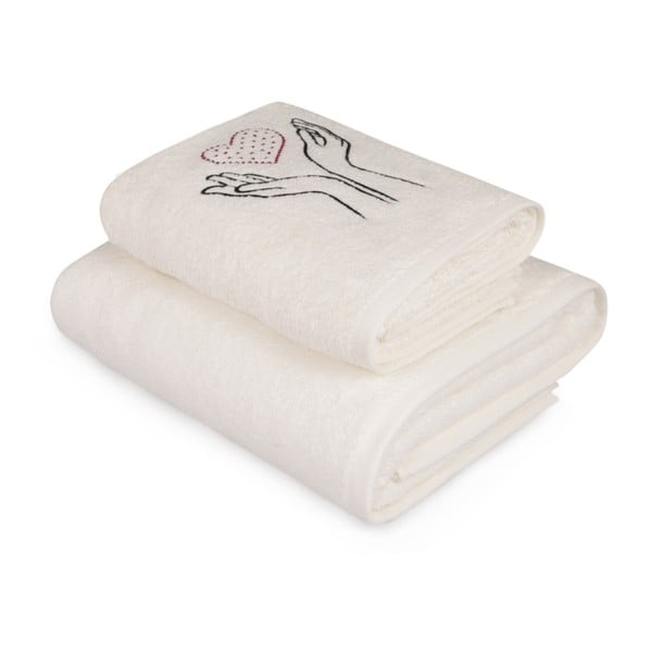 Комплект от бяла кърпа и бяла хавлия за баня с цветен детайл Madame Coco Amour - Foutastic