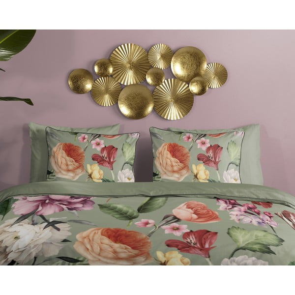 Зелено двойно удължено спално бельо от памучен сатен 200x220 cm Fiori – Descanso-image-2