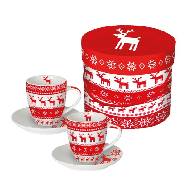 Комплект от 2 чаши за еспресо от костен порцелан с коледен мотив в подаръчна кутия Magic Christmas Red, 100 ml - PPD