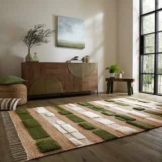 Зелено-естествен ръчно изработен килим със смес от юта 120x170 cm Medina Blocks – Flair Rugs