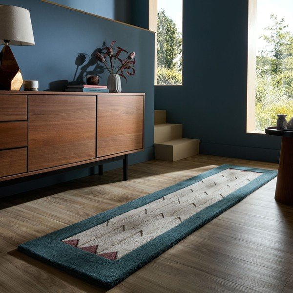 Ръчно изработена вълнена пътека в естествен цвят/тюркоазена 60x230 cm Apex Border Wool – Flair Rugs-image-1