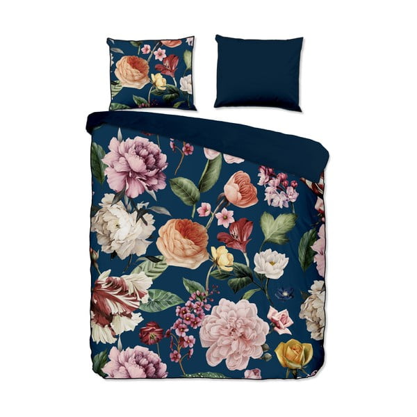 Тъмносиньо двойно удължено спално бельо от памучен сатен 200x220 cm Fiori – Descanso
