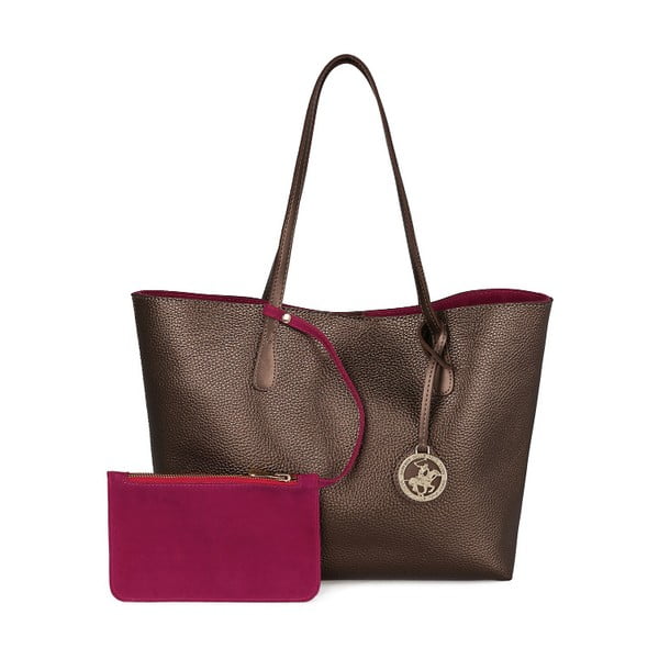 Кафява дамска чанта с вътрешна част в розово фуксия Beverly Hills Polo Club Celeste - BHPC