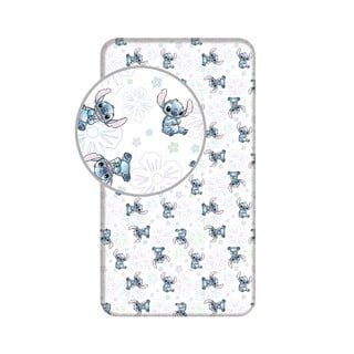 Бял еластичен единичен памучен детски чаршаф 90x200 cm Lilo and Stitch "Ohana White"  – Jerry Fabrics