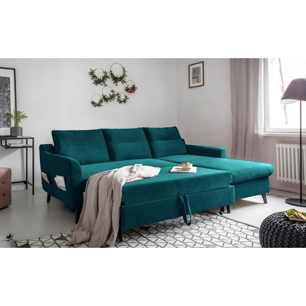 Ъглов разтегателен диван от тюркоазено кадифе, десен ъгъл Stylish Stan - Miuform-image-4