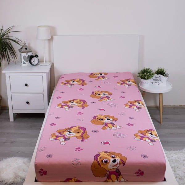 Розов еластичен единичен памучен детски чаршаф 90x200 cm Paw Patrol – Jerry Fabrics-image-1