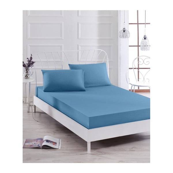 Комплект от син ластичен чаршаф и 2 калъфки за възглавници за единично легло Basso Azul, 160 x 200 cm - Mijolnir