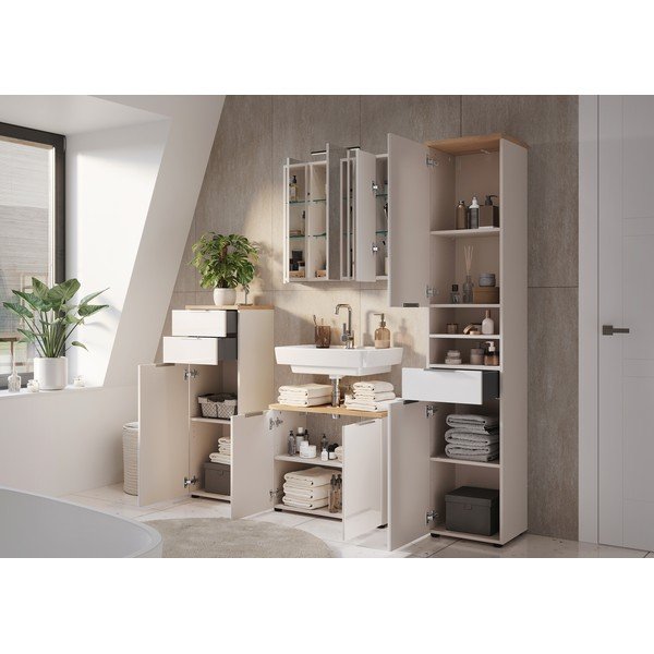 Кремав гланцов висок/тесен шкаф за баня 39x190 cm Tavira – Germania-image-4