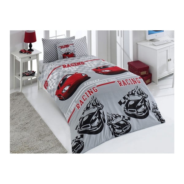 Детски памучен комплект спално бельо за единично легло с чаршаф Racer, 160 x 220 cm - Unknown