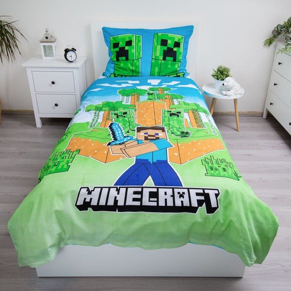 Единично  памучно детско спално бельо със светещ ефект 140x200 cm Minecraft "Jungle Fight" – Jerry Fabrics-image-1