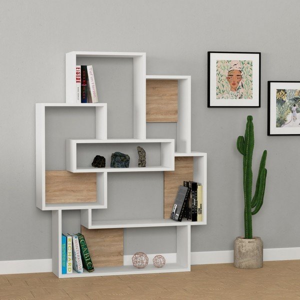 Бяла етажерка за книги с дъбови детайли Barce White Oak - Decortie-image-1