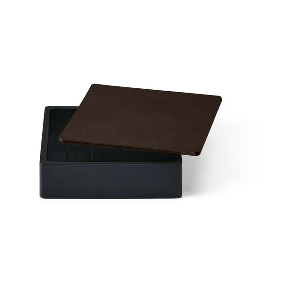 Дървена декоративна кутия за съхранение от еко кожа с капак в черен и кафяв цвят 11x11x3,5 cm Square Nupo – LIND DNA-image-1