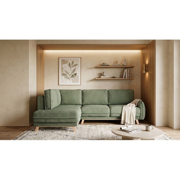 Светлозелен сгъваем ъглов диван от рипсено кадифе (ляв ъгъл) Tori – Bonami Selection-image-1