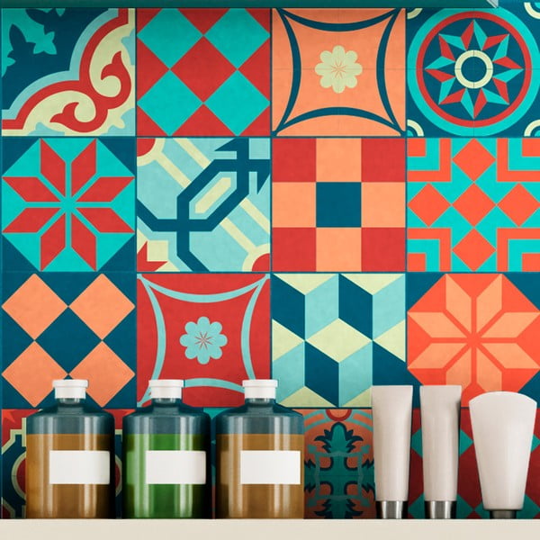 Комплект от 16 стикера за стена Стикери за стена Azulejos Колоритен реколта стил, 10 x 10 cm - Ambiance