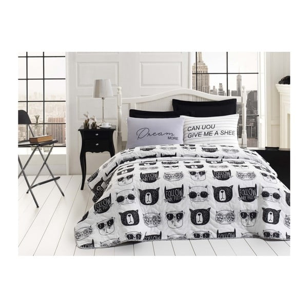 Комплект от покривка за легло и 2 калъфки за възглавници EnLora Home Melone Black White, 200 x 220 cm - Mijolnir