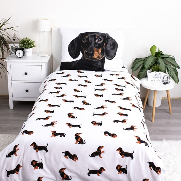 Черно-бяло единично  памучно детско спално бельо 140x200 cm Dachshund – Jerry Fabrics-image-2