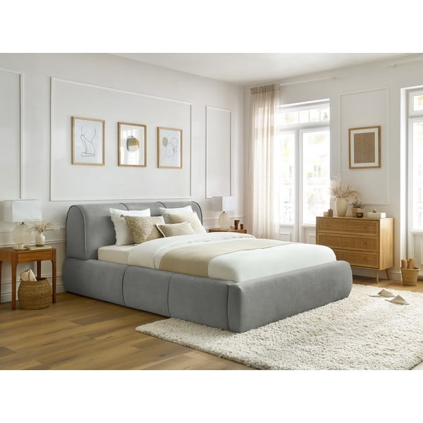 Светлосиво тапицирано двойно легло с място за съхранение с решетка 180x200 cm Vernon - Bobochic Paris-image-1