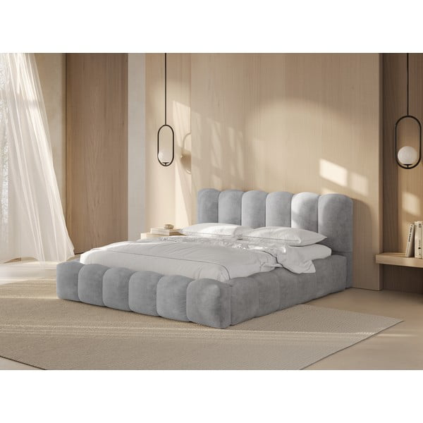 Светлосиво тапицирано двойно легло с място за съхранение с включена подматрачна рамка 200x200 cm Lupine – Micadoni Home-image-1