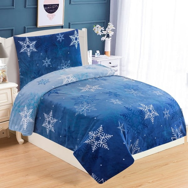 Синьо микро плюшено спално бельо за единични легла Snowflakes, 140 x 200 cm - My House