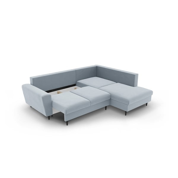 Светлосин кадифен разтегателен ъглов диван с място за съхранение (десен ъгъл/L форма) Kyoto – Cosmopolitan Design-image-3