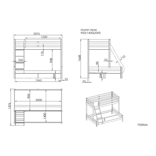 Двуетажно легло от борова дървесина Martin, 140 x 200 cm Pino - Vipack-image-2