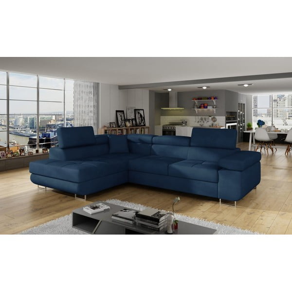 Син кадифен разтегателен ъглов диван с място за съхранение (ляв ъгъл L форма) Anton – ELTAP-image-3