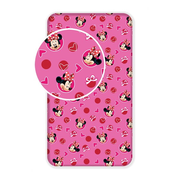 Розов еластичен памучен детски чаршаф 90x200 cm Minnie "Hearts" – Jerry Fabrics