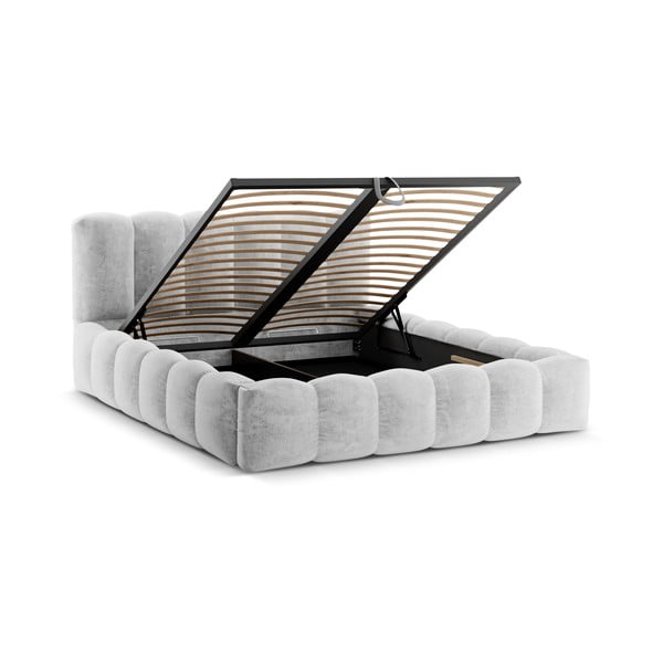 Светлосиво тапицирано двойно легло с място за съхранение с включена подматрачна рамка 200x200 cm Lupine – Micadoni Home-image-2
