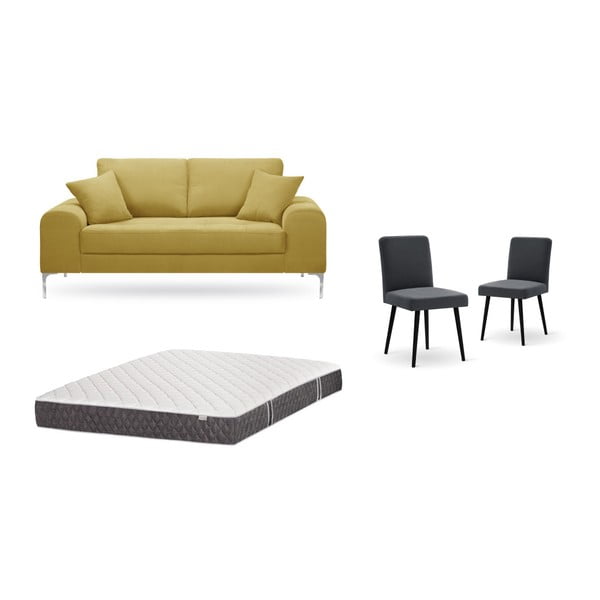 Комплект от двуместен жълт диван, 2 антрацитно сиви стола и матрак 140 x 200 cm - Home Essentials
