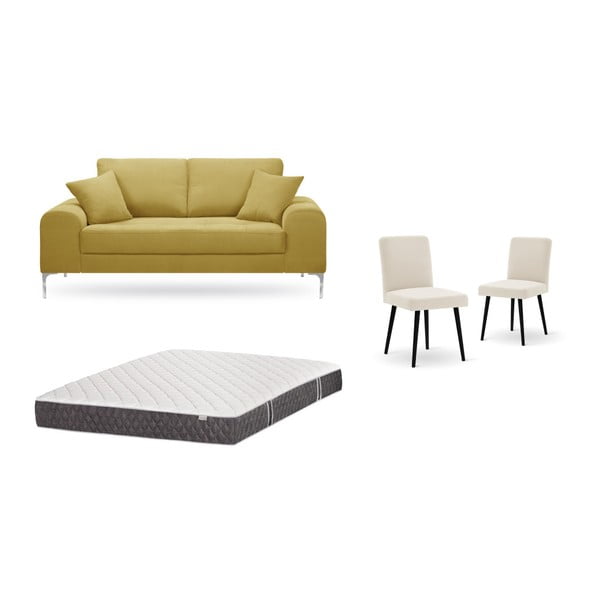 Комплект от двуместен жълт диван, 2 кремави стола и матрак 140 x 200 cm - Home Essentials
