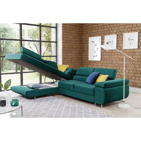 Зелен кадифен разтегателен ъглов диван с място за съхранение (ляв ъгъл L форма) Anton – ELTAP-image-3