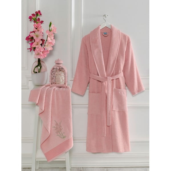 Розов памучен халат за баня и кърпа в комплект размер S/M – Mila Home