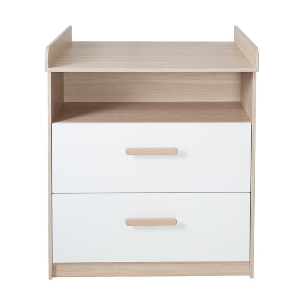 Детски скрин в дъбов декор с маса за преповиване в бял и естествен цвят 88x98x75 cm Cabane – Roba