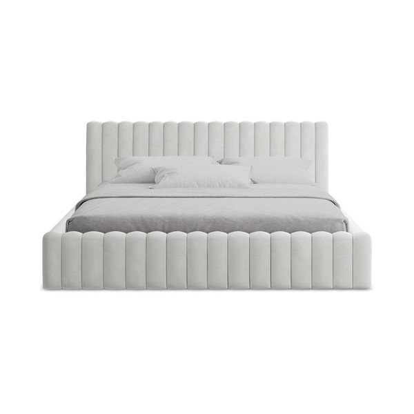 Двойно легло 160x200 cm тапицирано с място за съхранение с включена подматрачна рамка в сребрист цвят Lemi – Makamii-image-4