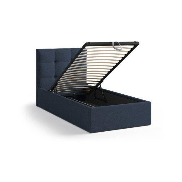 Синьо  единично легло 90x200 cm тапицирано с място за съхранение с включена подматрачна рамка Phaedra – Micadoni -image-1