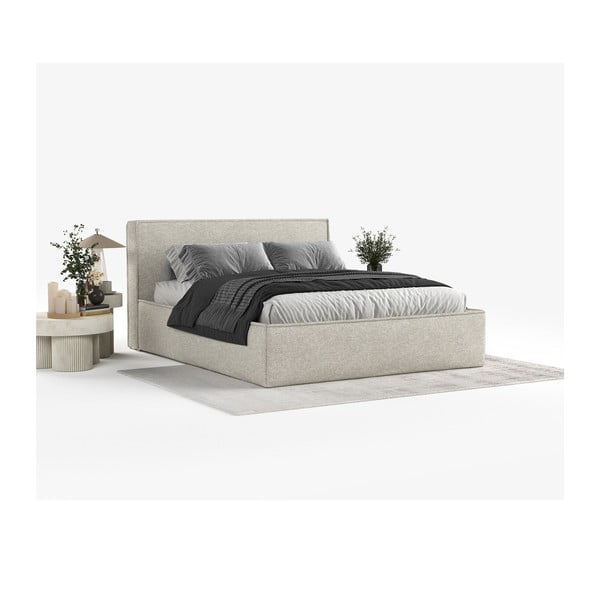 Светлосиво двойно легло 160x200 cm тапицирано с място за съхранение с включена подматрачна рамка Lounge L – Maison de Rêve-image-1