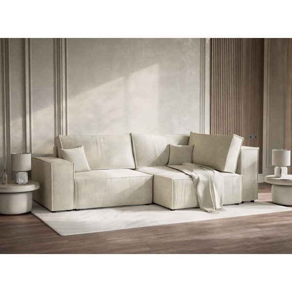 Кремав шенилов сгъваем/с място за съхранение ъглов диван (десен ъгъл/L форма) Tonga – Maison de Rêve-image-4