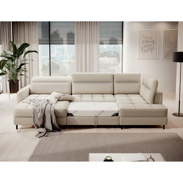 Бежов кадифен разтегателен ъглов диван с място за съхранение (десен ъгъл U форма) Berrto – ELTAP-image-4