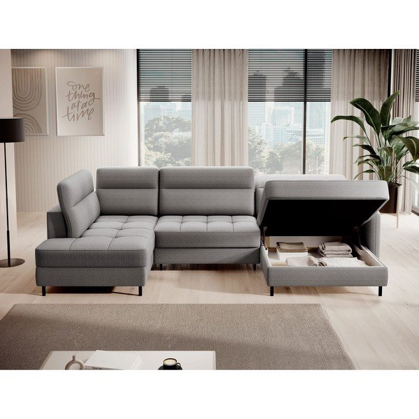 Светлосив кадифен разтегателен ъглов диван с място за съхранение (ляв ъгъл U форма) Berrto – ELTAP-image-3