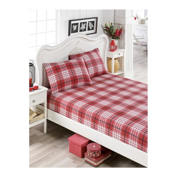 Комплект червени памучни чаршафи и 2 калъфки за възглавници за единично легло Flanelo Lusno, 100 x 200 cm - Mijolnir