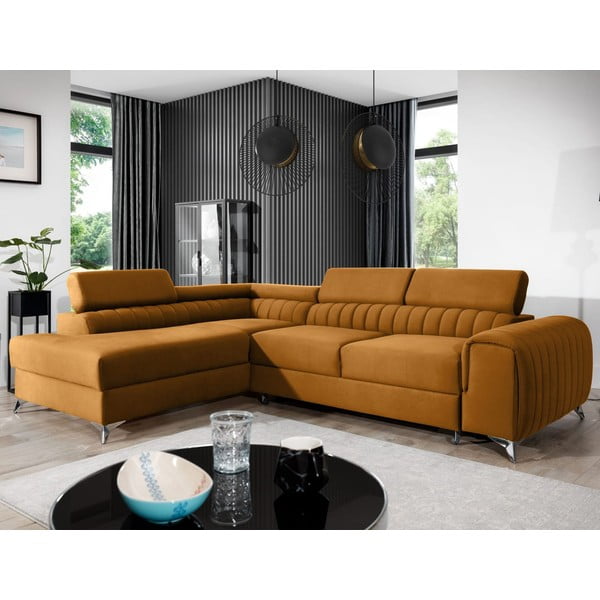 Жълт кадифен разтегателен ъглов диван с място за съхранение (ляв ъгъл L форма) Laurence – ELTAP-image-1
