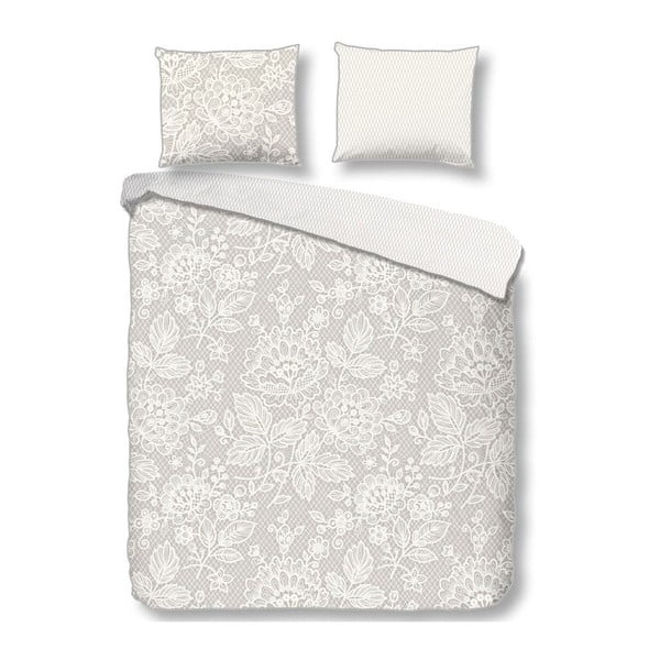 Бяло-сив памучен сатен чаршаф за двойно легло Lily, 220 x 240 cm Lace - Descanso