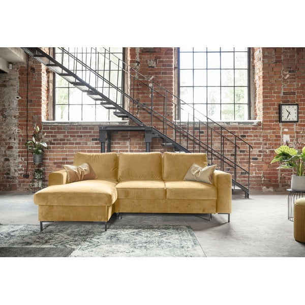 Ъглов разтегателен диван от кадифе в горчично жълто, ляв ъгъл Lofty Lilly - Miuform-image-1