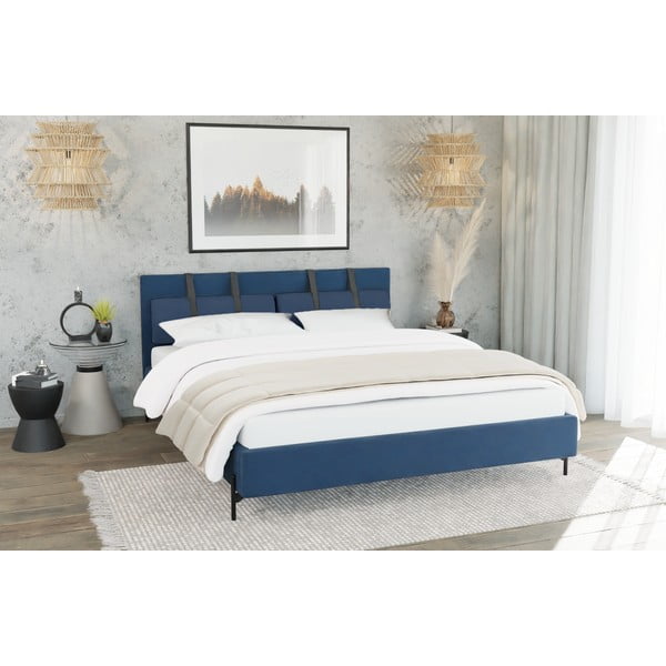 Тъмносиньо двойно тапицирано легло с включена подматрачна рамка 140x200 cm Tulsa – Ropez-image-2